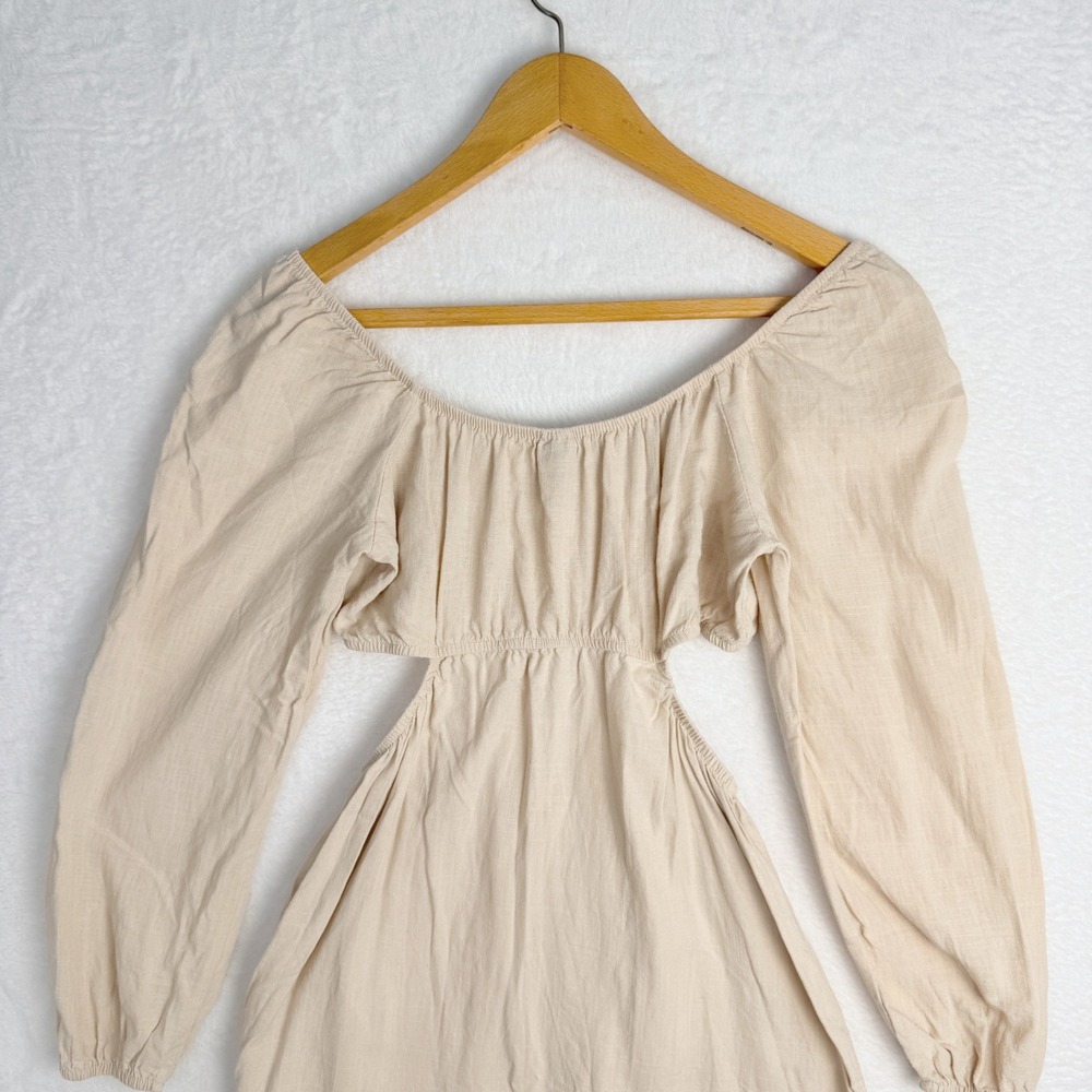 Wild Fable Tan Linen Blend Cut Out Mini Dress Long Sleeve Boho Small - Picture 6 of 10
